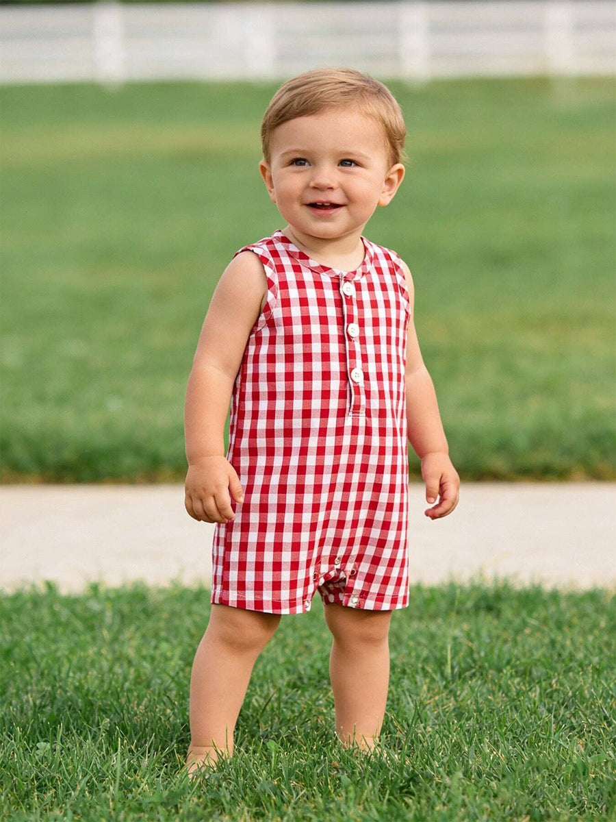 Summer Plaid Smocked Ruffle Boys Romper Sibling Outfits – The Farm ...